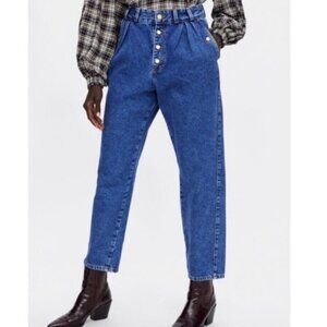 Zara High Waist Mom Jeans Pleated 80s Style Tapered Leg Cropped Ankle Denim